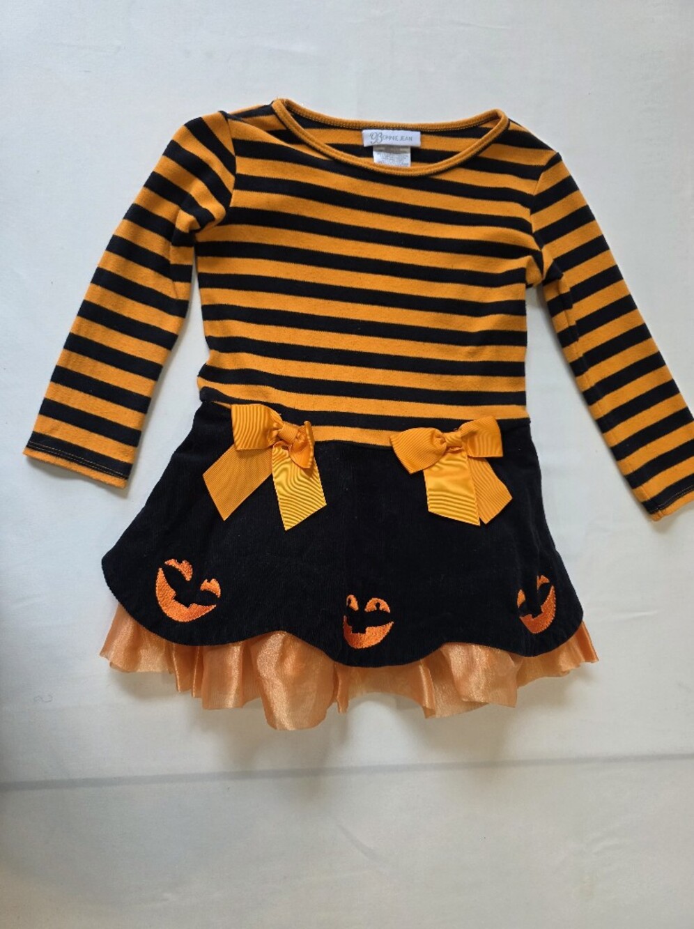 Bonnie Jean Girls 4T Halloween Pumpkin Dress Orange Black Striped Bow